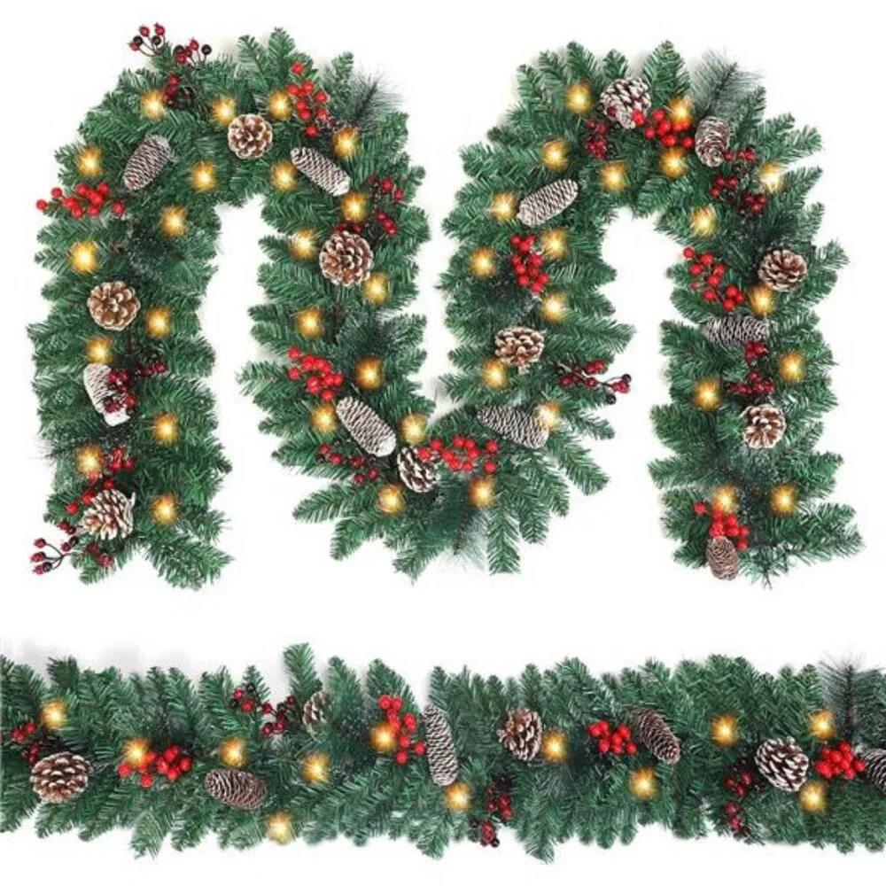 9FT Christmas Garland with Lights ,Battery Operated Lighted Garland with Pine